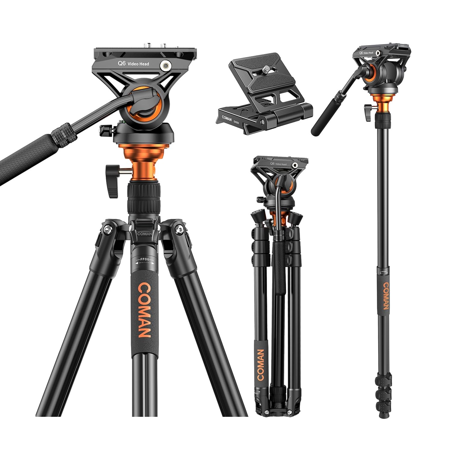 COMAN 73" Camera Tripod with Fluid Head & Leveling Bowl, 22lb , Black (FF06S)