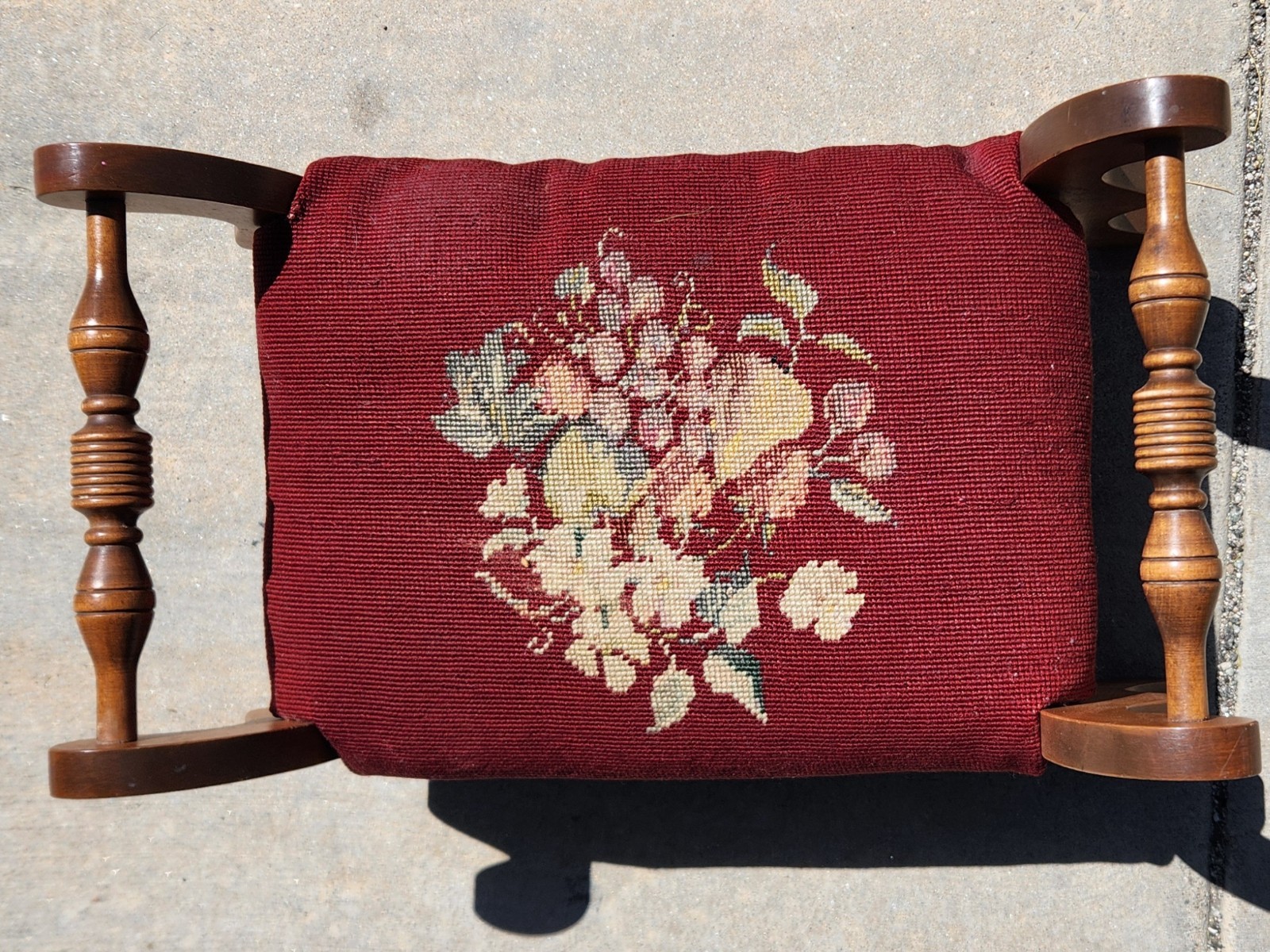 Vintage French Provincial Red Burgundy Floral Tapestry Needlepoint Footstool