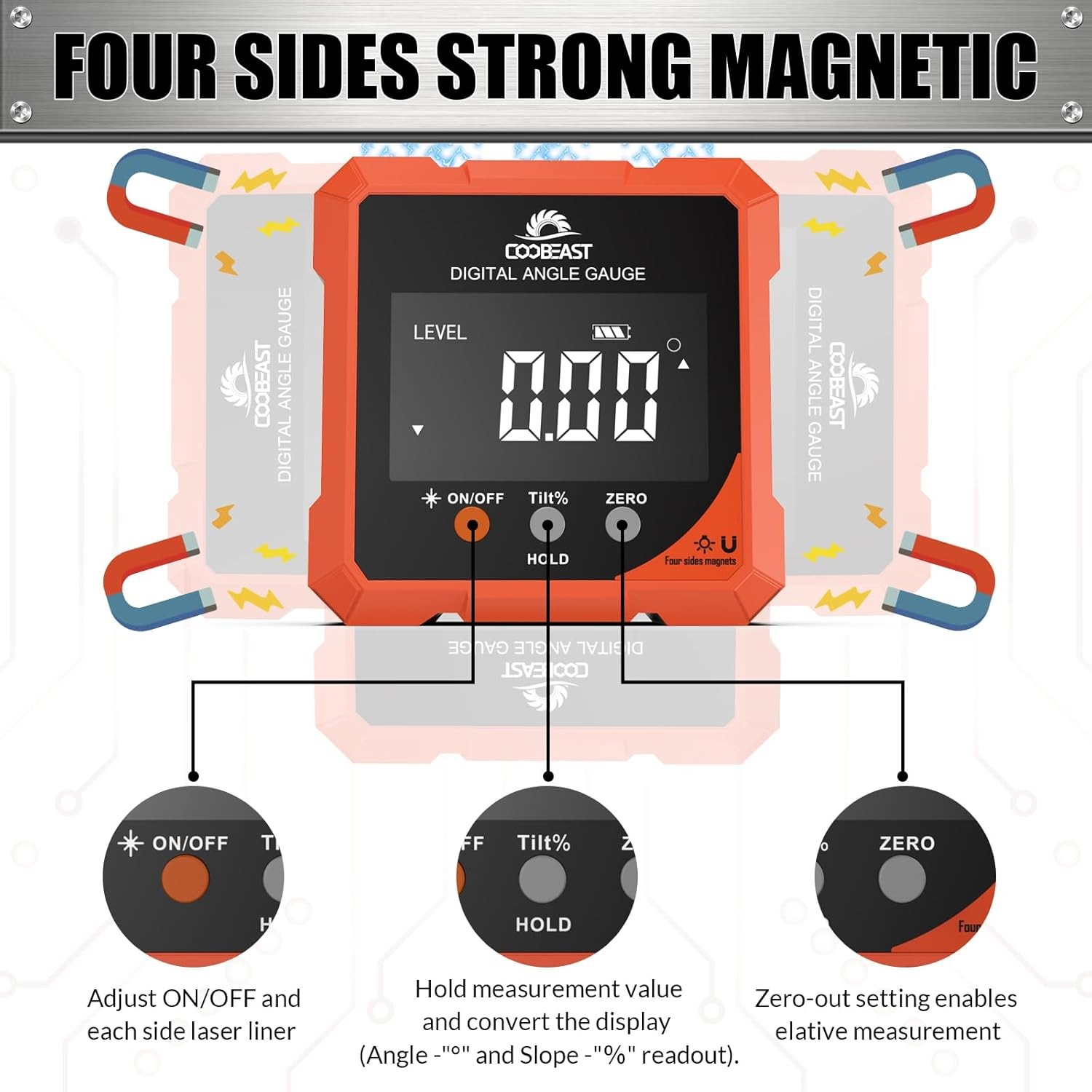 Digital Angle Finder Level w/ Laser 360° 4 Side Magnetic IP54 Rechargeable