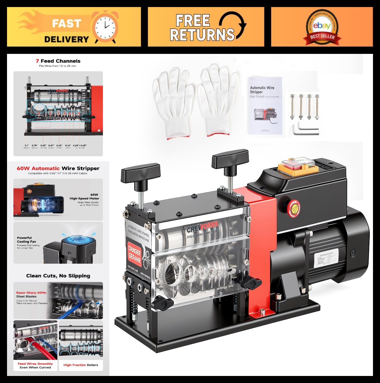 Electric Wire Stripper Machine - 7 Channel, 60W Cable Stripping Tool for Scrap W
