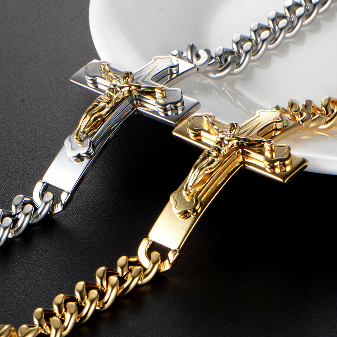 Stainless Steel Silver Gold Cross Crucifix Jesus Cuban Link Chain Men's Bracelet
