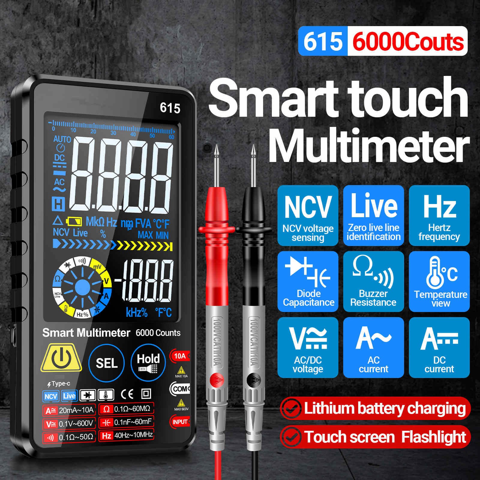 Digital Multimeter Tester Auto Range 6000 Counts For AC DC Current Volt Ohm Hz