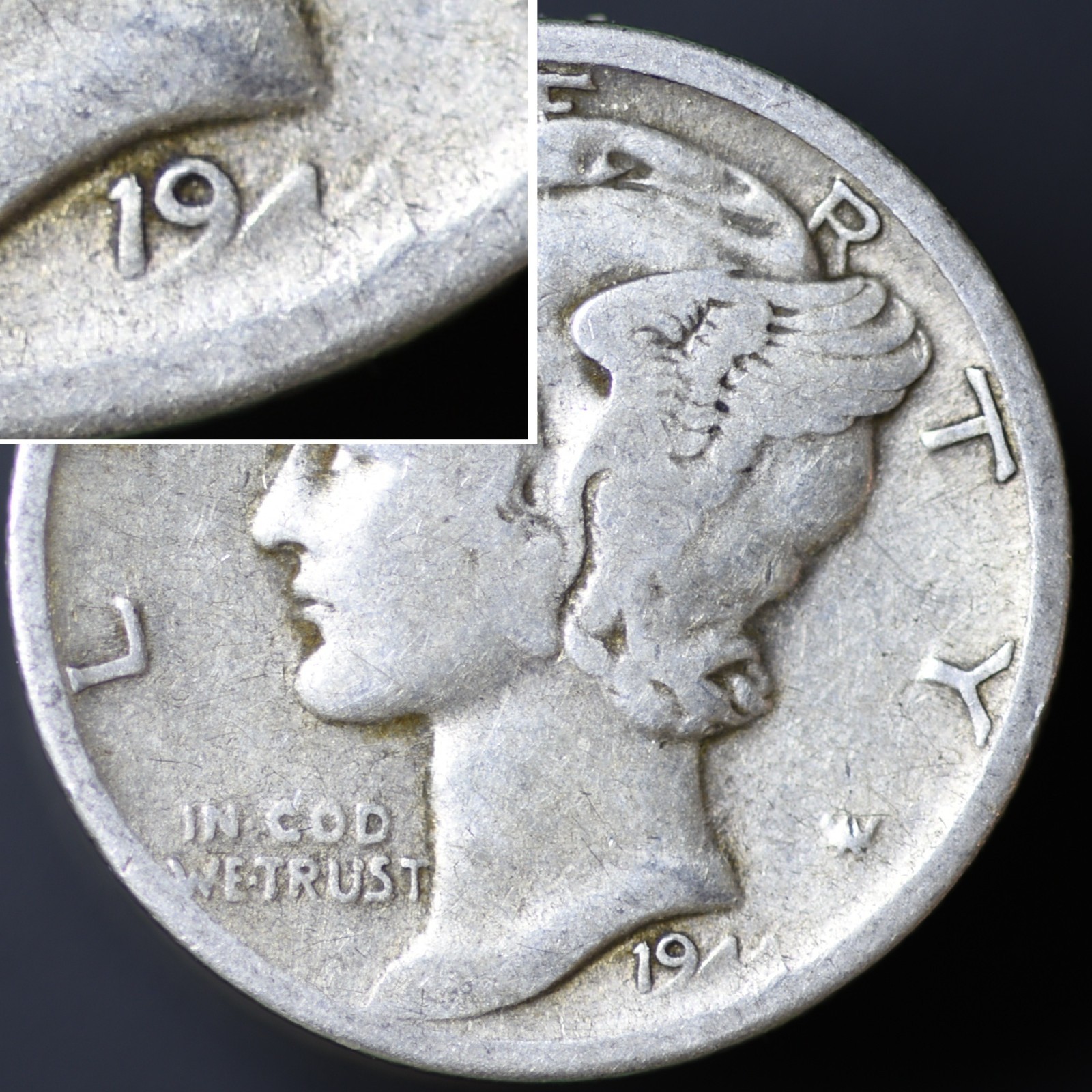 1944-S 10C Mercury Dime Grease STRIKE-THROUGH Date F (#8192)