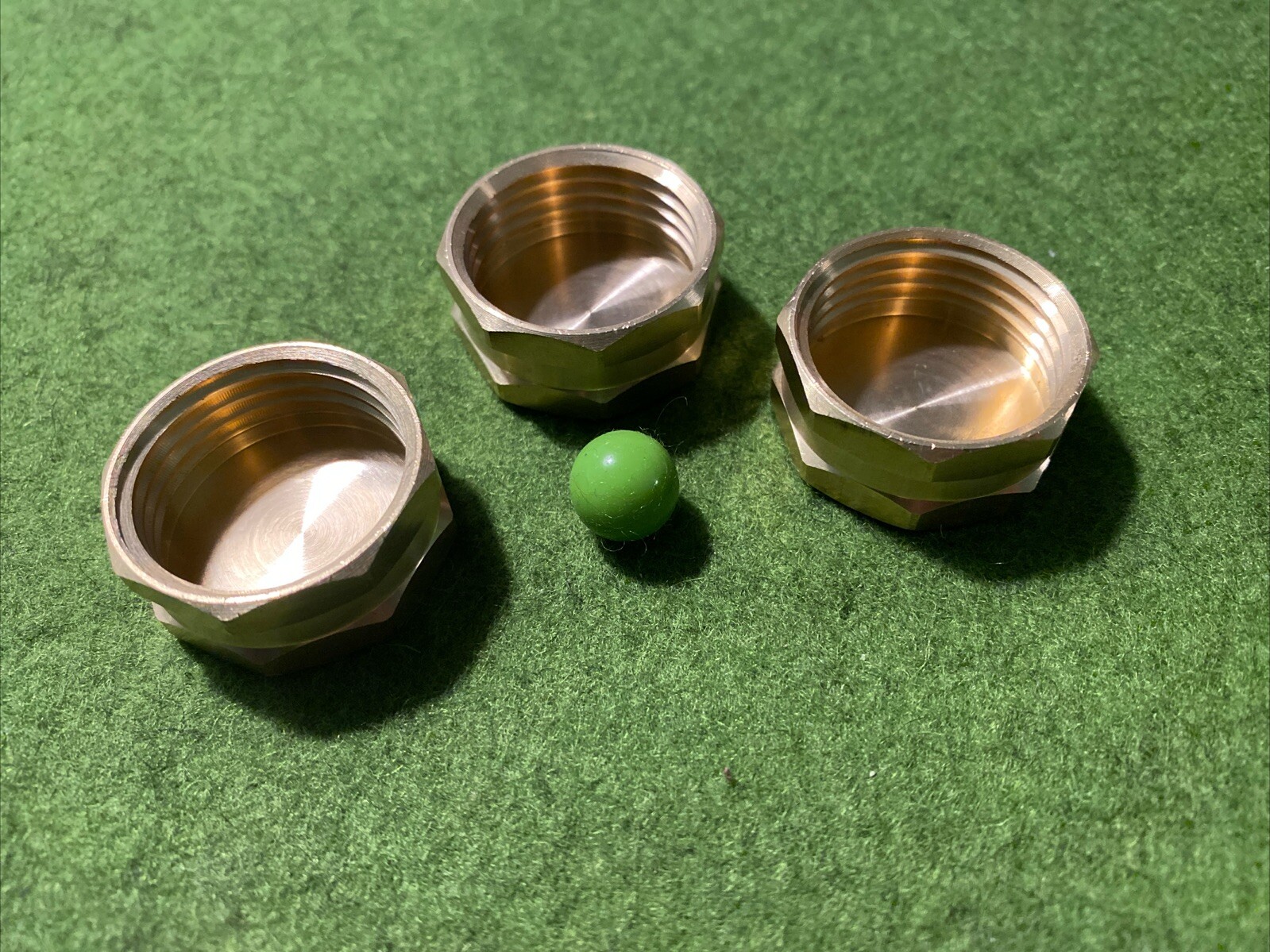 Brass Bottle Cap Hexagonal Three Shell Game (Green Pea)