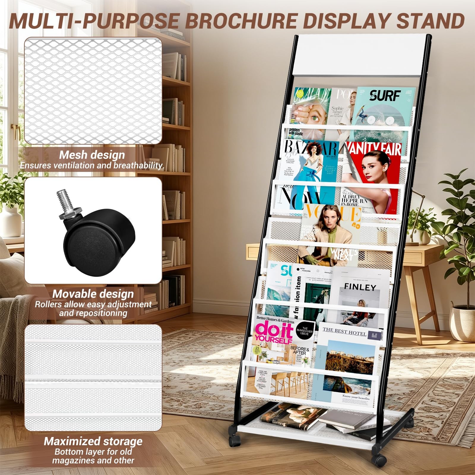 Xidihf Floor Standing Magazine Rack 5 Layer Wheels Brochure Display Stand Large