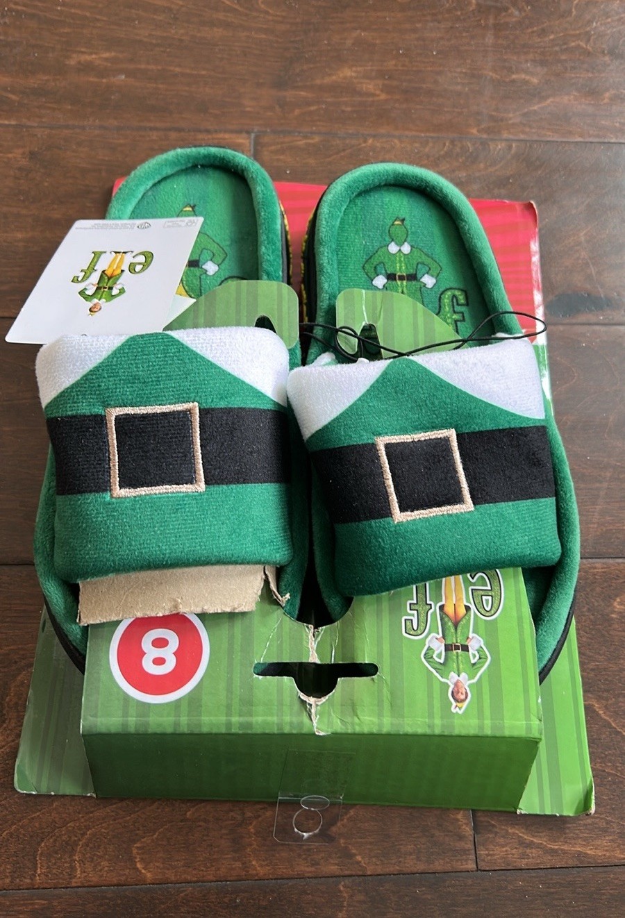 New Elf Slippers Sz 8 Christmas Gift Green Multicolor Open Toe Slides