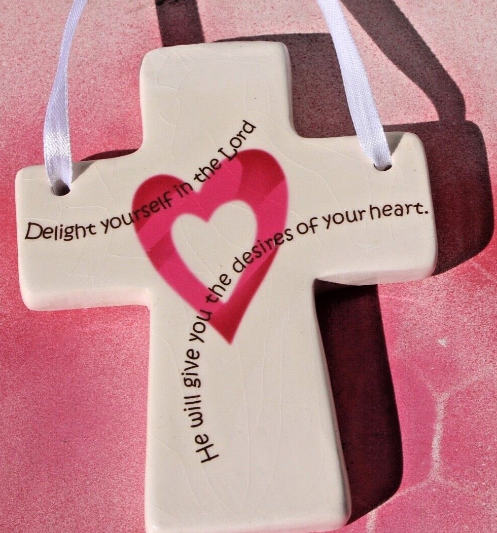 Delight Yourself in the Lord Ceramic Cross with Pink Heart Wall Decor