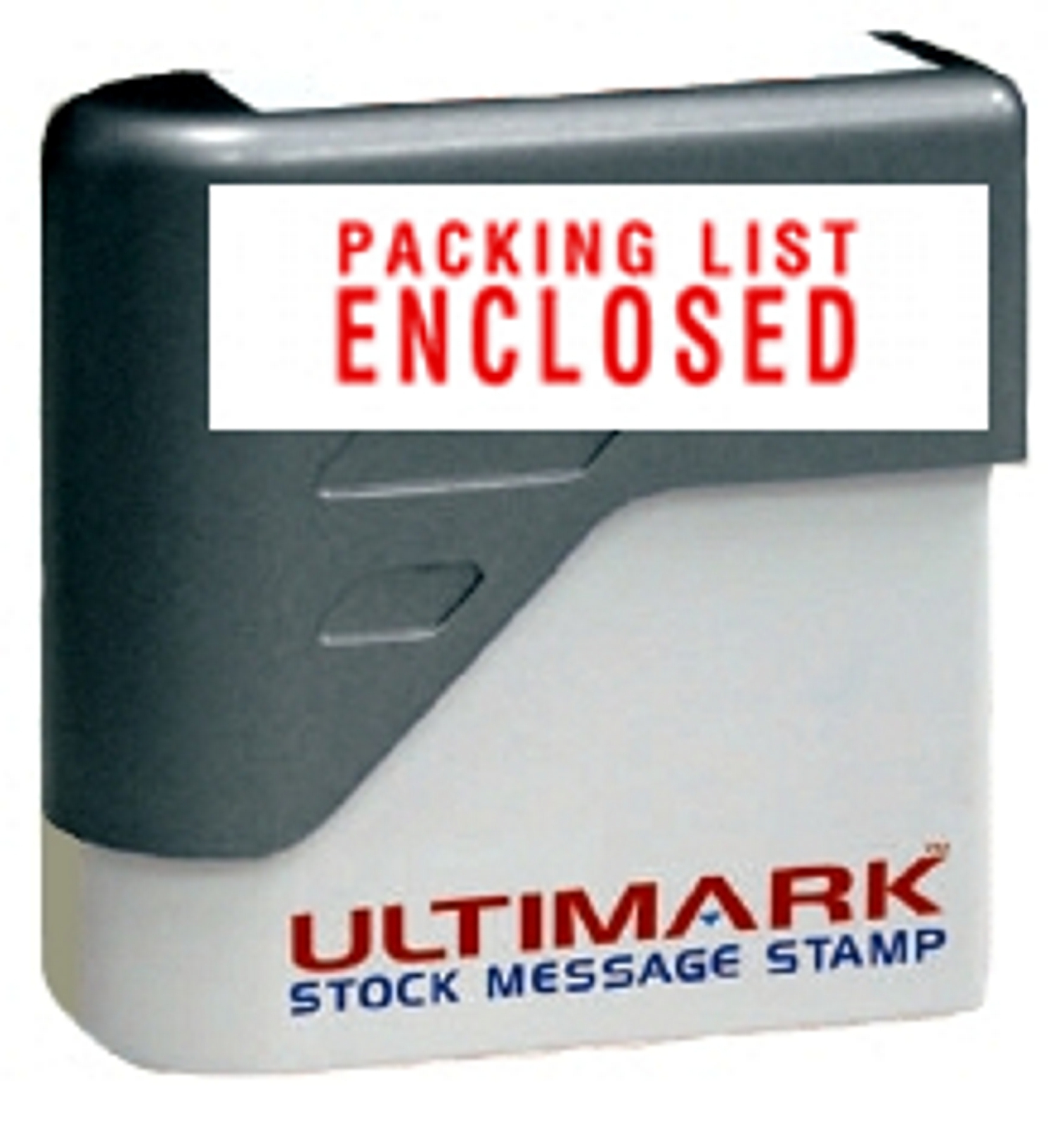 PACKING LIST ENCLOSED stamp text on Ultimark Pre-inked Message Stamp, Red Ink