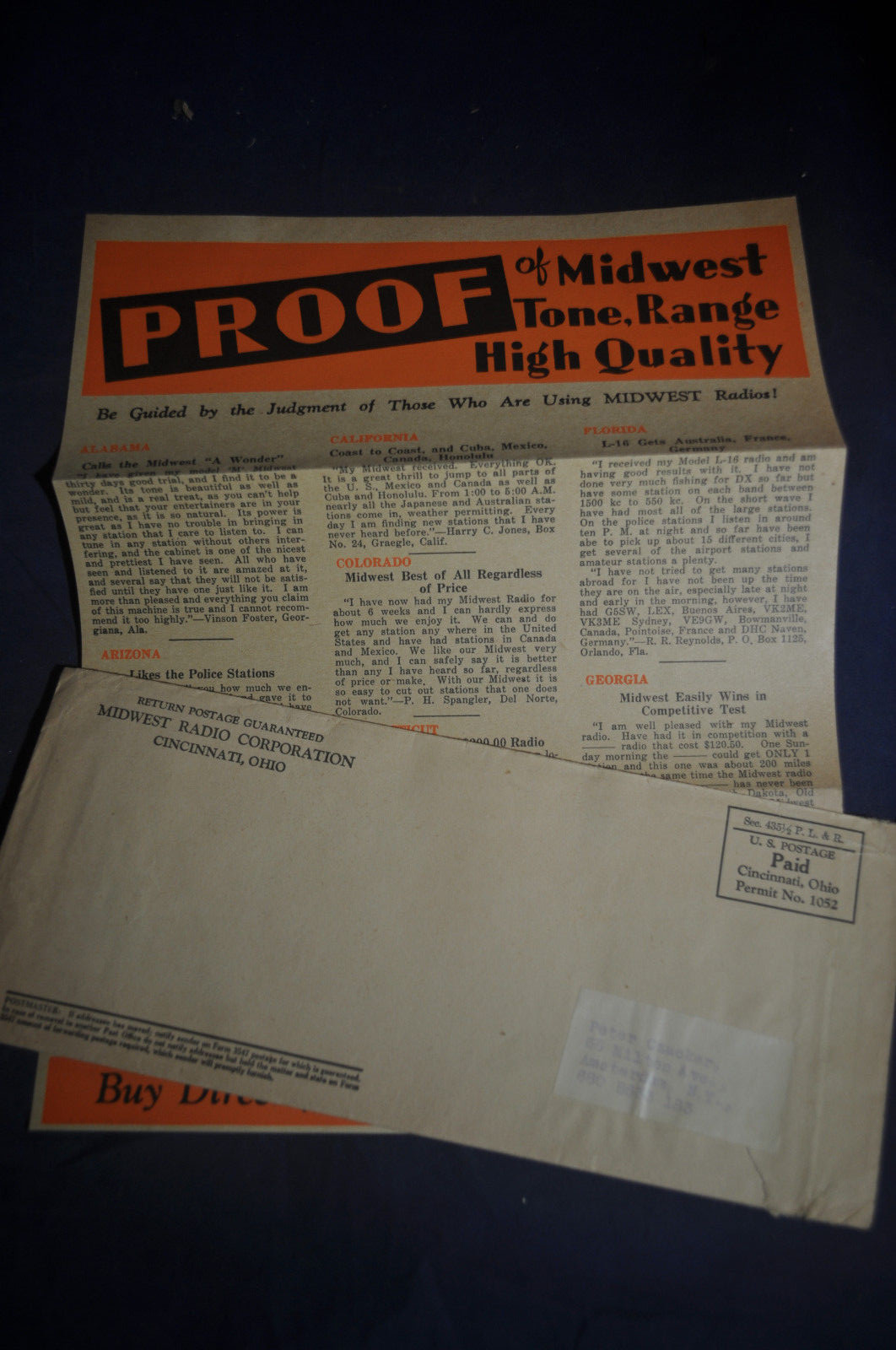 Ca 1920s Proof of Midwest Tone, Range High Quality Radios Advertisement