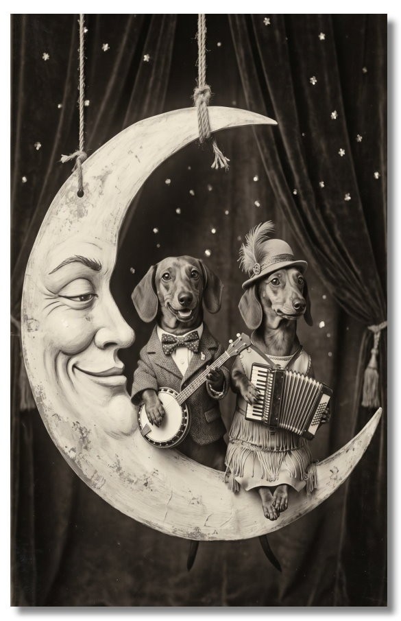 Vintage‑STYLE  ART  RPPC-DACHSHUND DOGS ON CRESCENT MOON DRESSED-FAUX PHOTO
