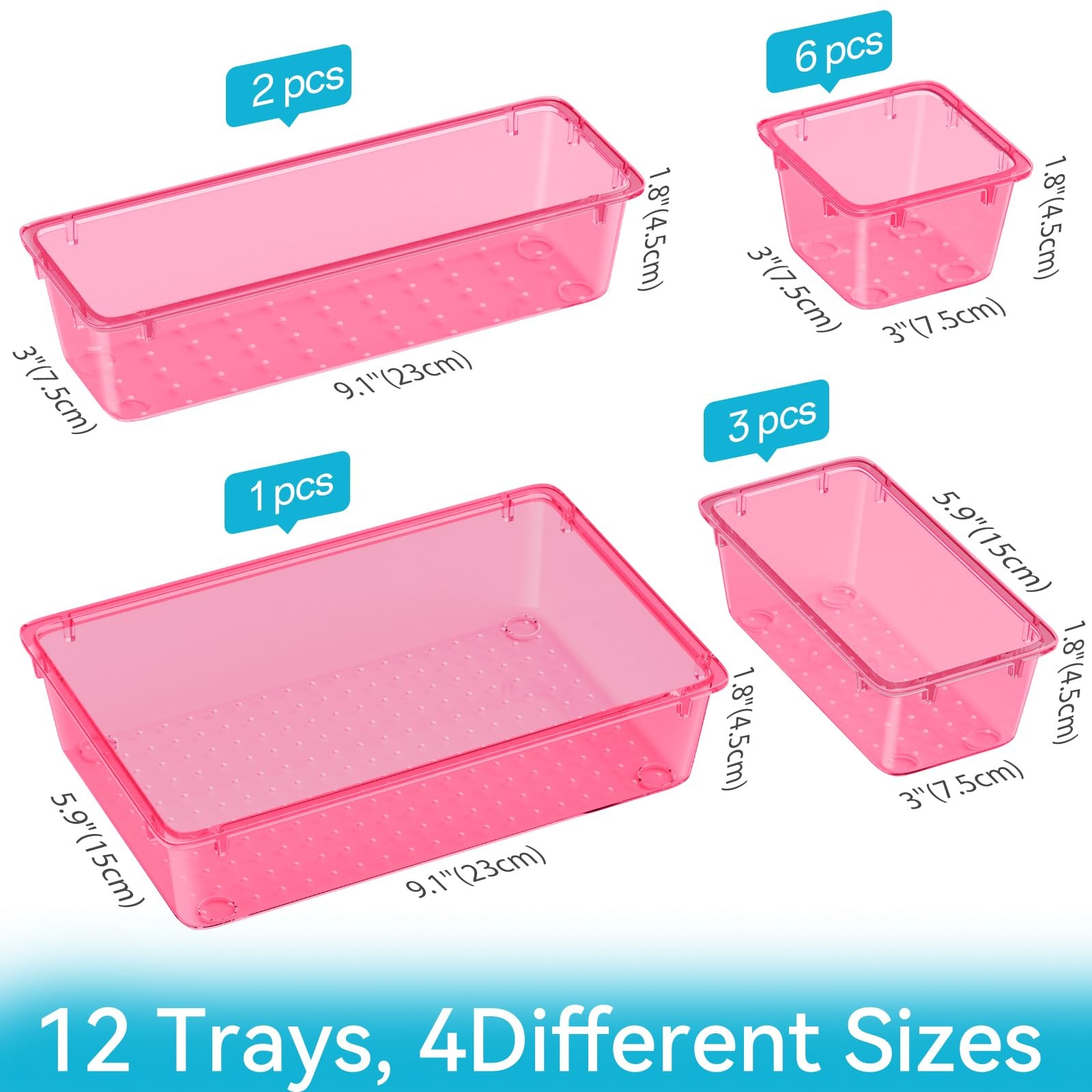 12 PCS Drawer Organizer Set, 4 Sizes Tool Storage Trays, Clear Plastic Makeup...