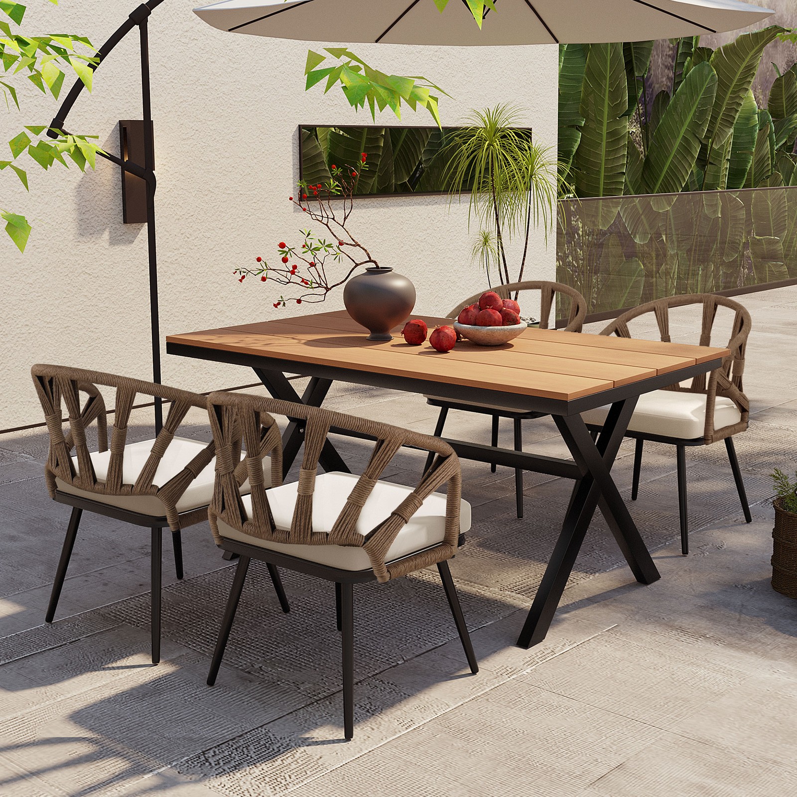 4-Piece Outdoor Patio Furniture Set PE Rattan Chairs & Plastic Wood Table Br