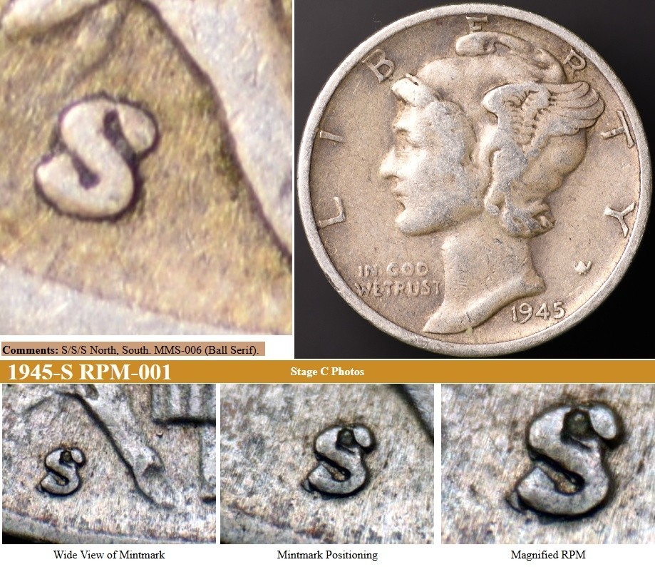 1945-S/S/S 10C Mercury Dime RPM-001  TONED!  MMS-006 (Ball Serif) XF (#7926)