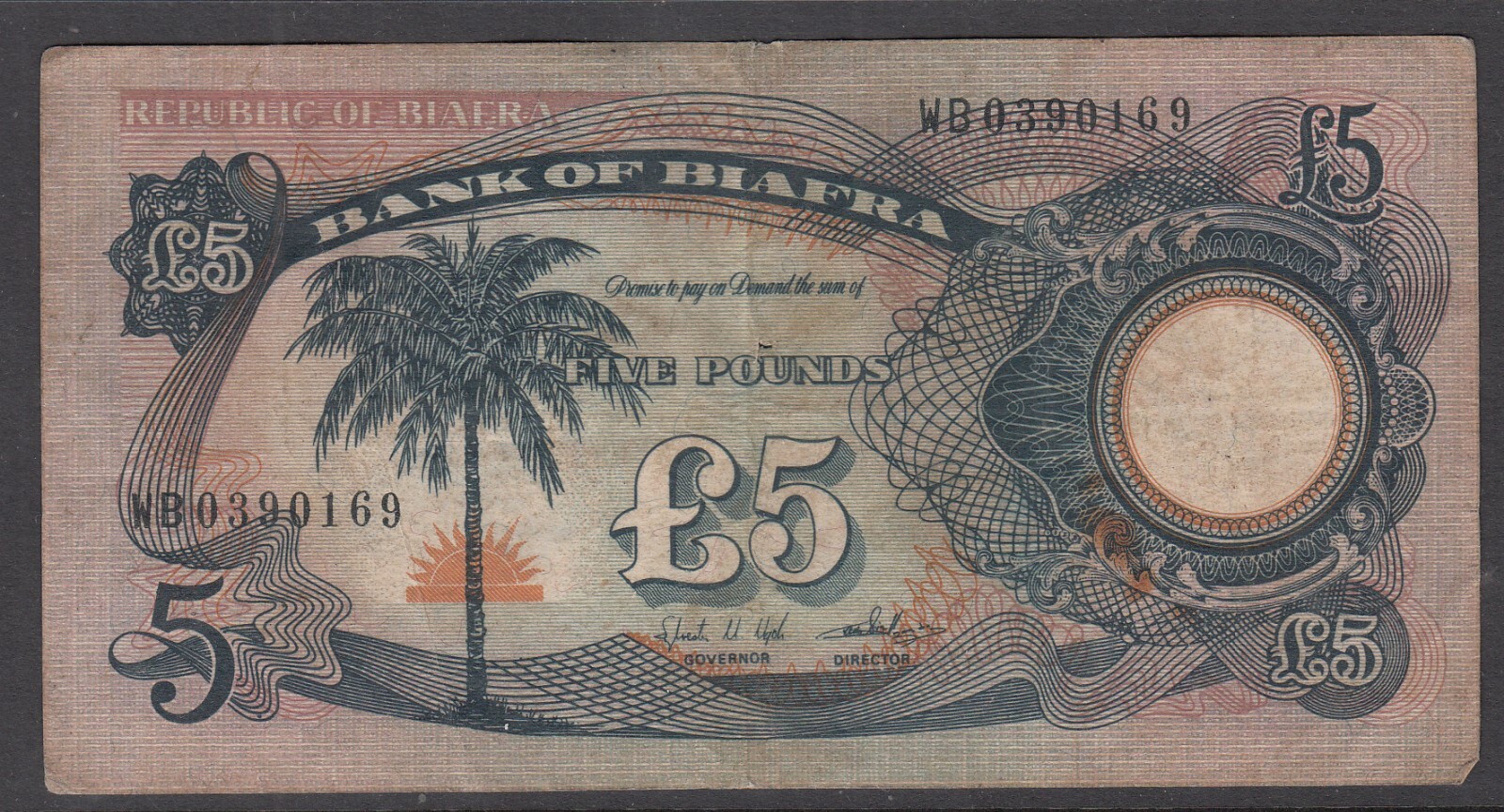 Biafra: Five Pounds Banknote, Used, WB0390169, Kept at Ikun, SE Nigeria
