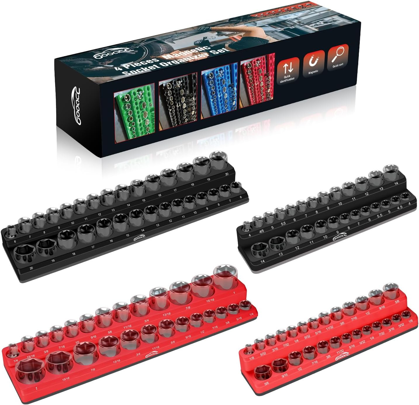 4PCS Magnetic Socket Organizer Tray SAE Metric Holds 108 Black Red