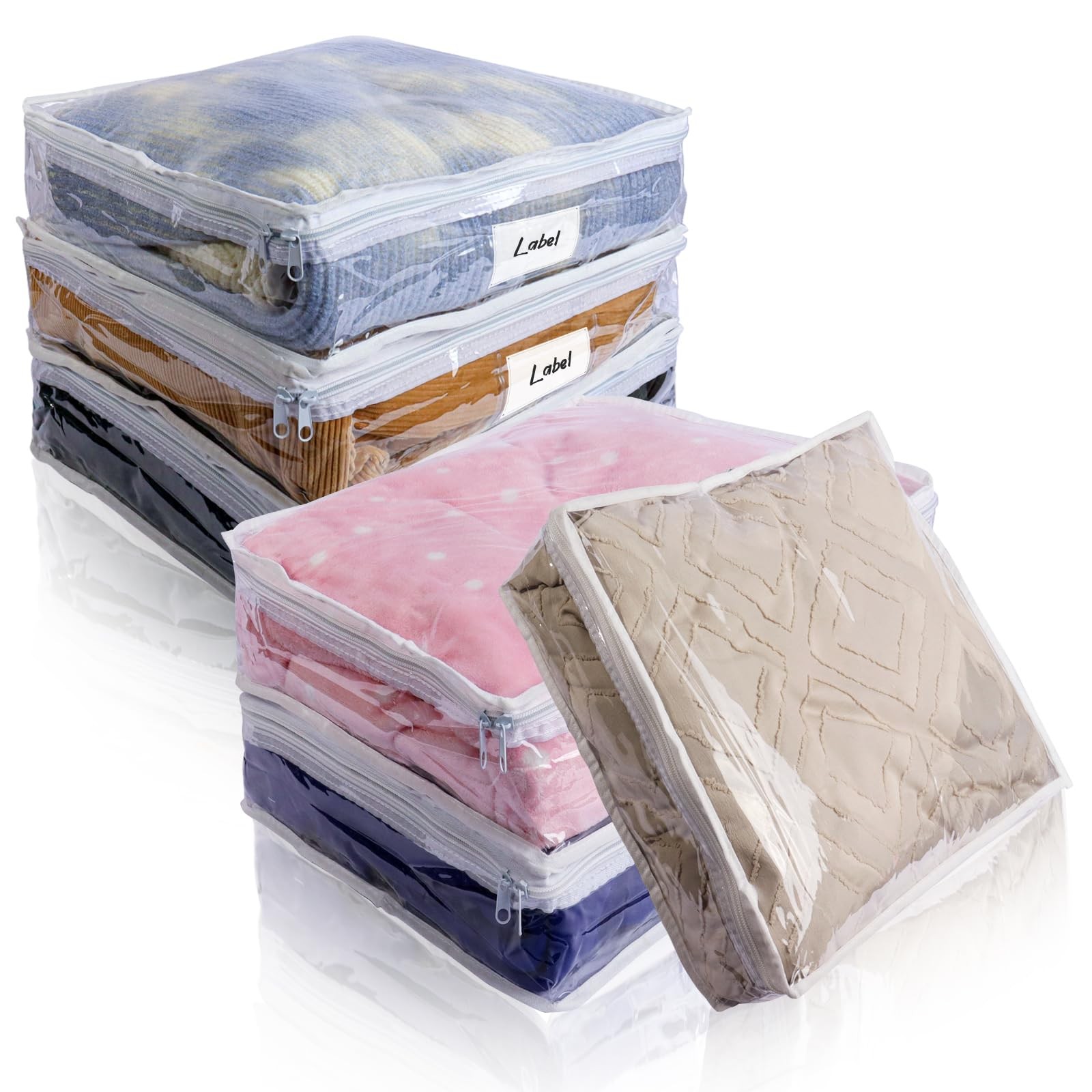 6 PCS 15.7x13.8x3.9 Inch White Clear Plastic Zippered Sweater Storage Bags