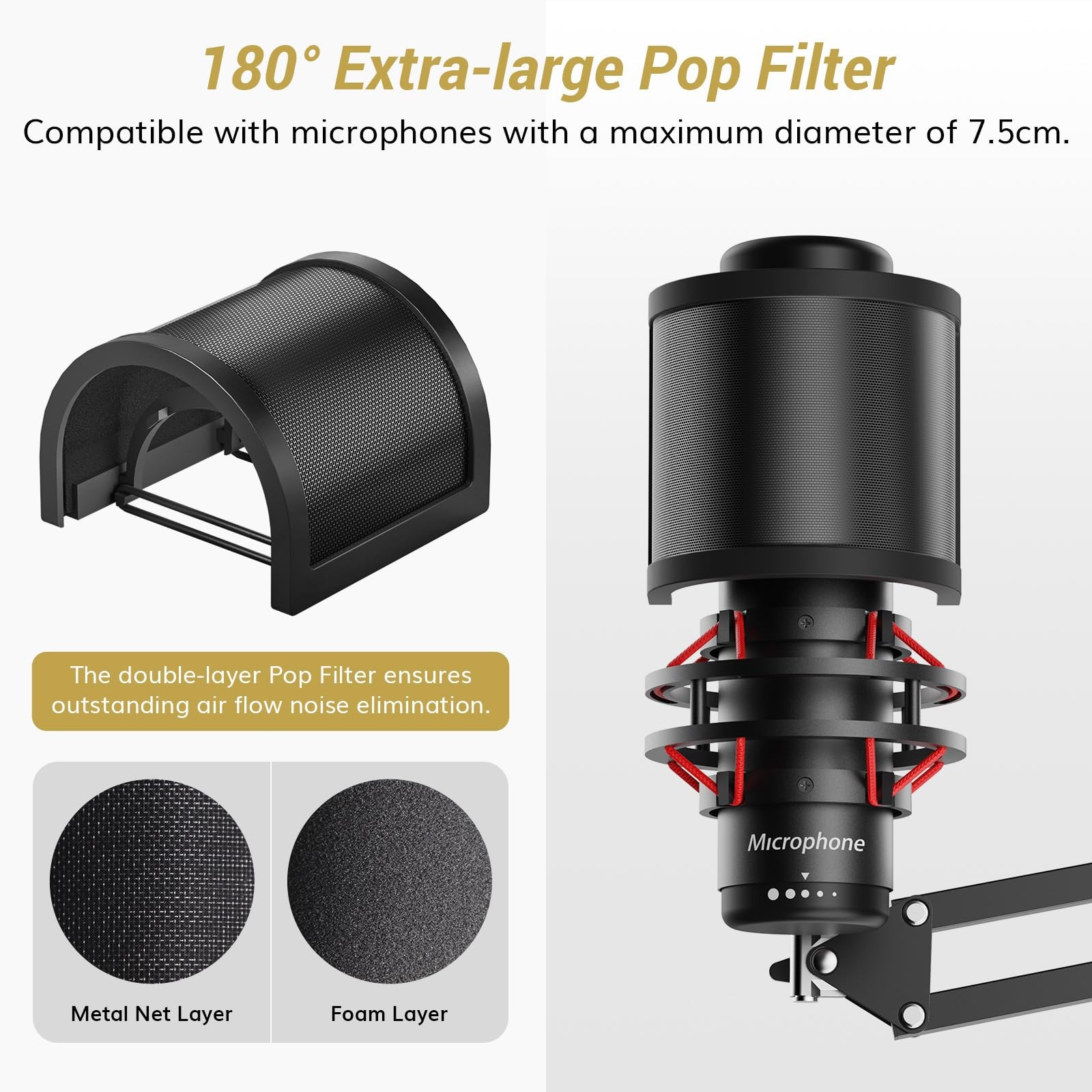Microphone Boom Arm Adjustable Stand Pop Filter 3/8 & 5/8 Adapter Riser T10L+