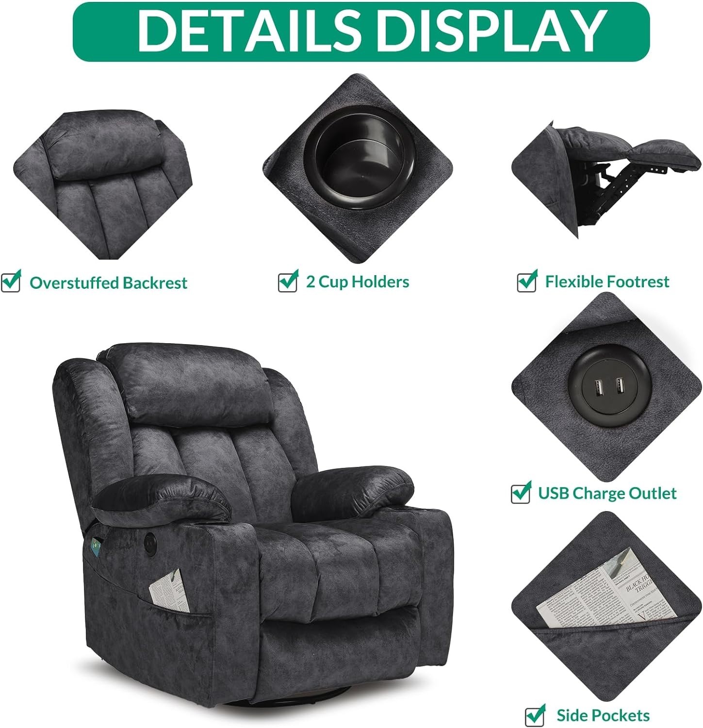 Manual Swivel Rocker Recliner Glider Chair Lounge Sofa w/ Massage Heat USB Ports