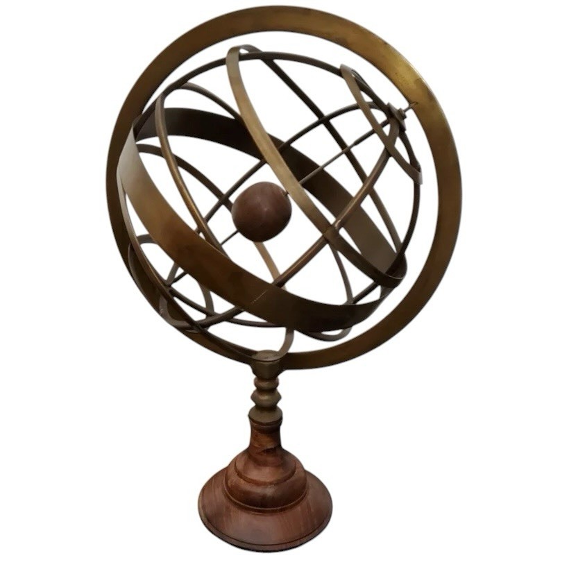 Large VTG Brass Wood Armillary Sphere Globe 20” Celestial Sculpture Library
