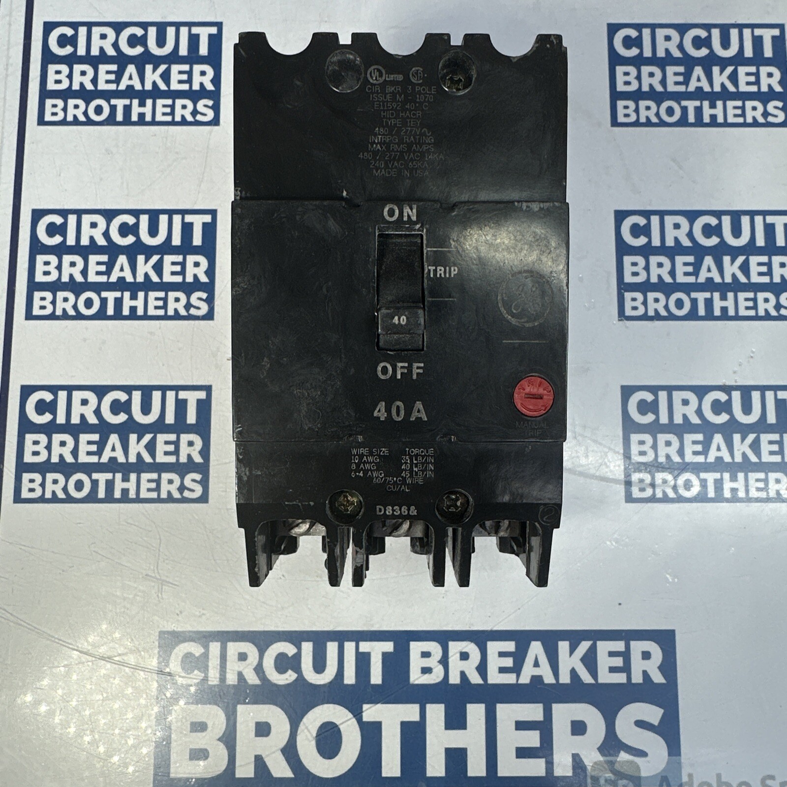 GE TEY340 40Amp 480/277V 3 Pole Bolt On Circuit Breaker-Warranty (Ship Same Day)