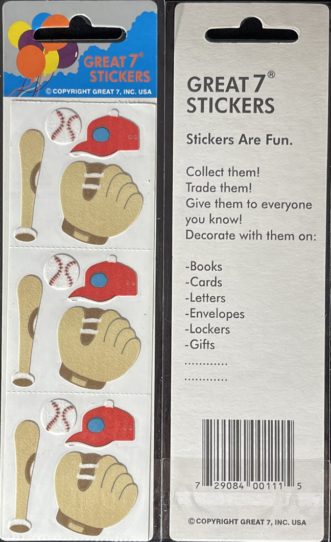 12 packages of Fuzzy Baseball Set Stickers, "Great 7" Sticker Designs, PFZ6200