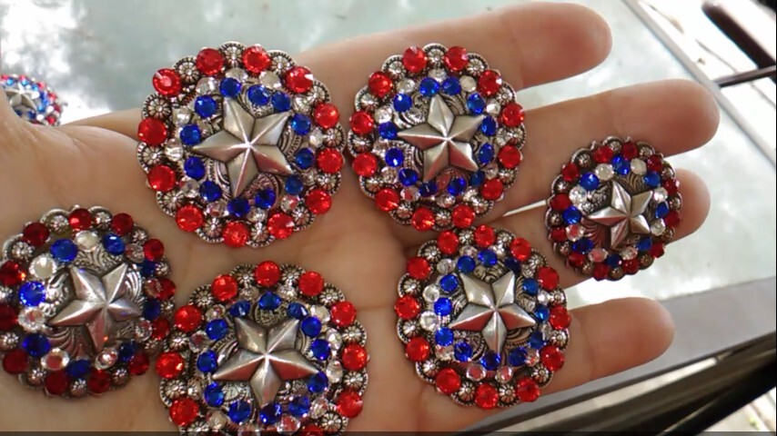 6 pc crystal bling saddle concho set star red, white, n blue crystals