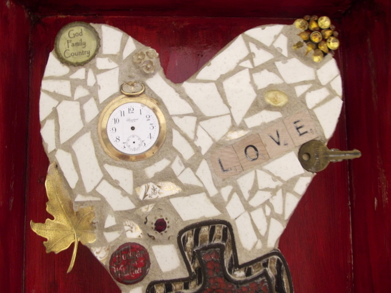 Red and Tan Heart assemblage with cross - mosaic sculpture
