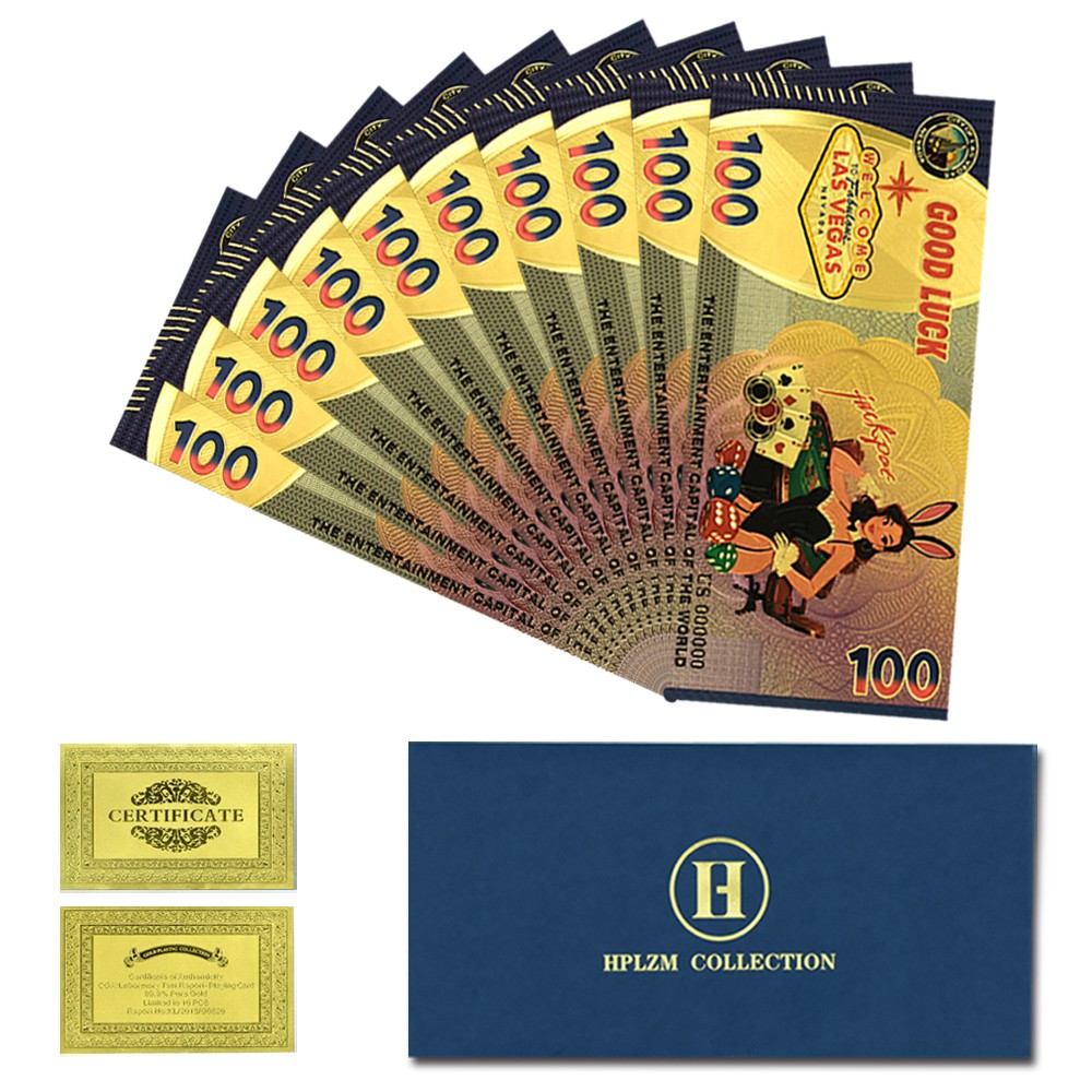 10pcs in Envelope Las Vegas Bunny Girl Gold Foil Banknotes Casino Souvenir