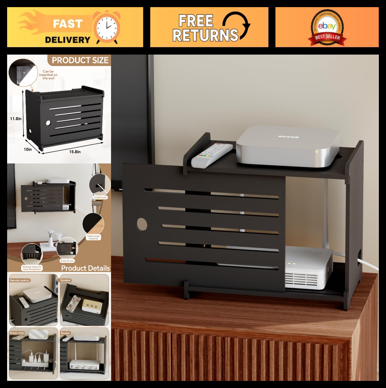 Wooden WiFi Router Storage Box & Hider Shelf, Decorative Cable Organizer Rack, W