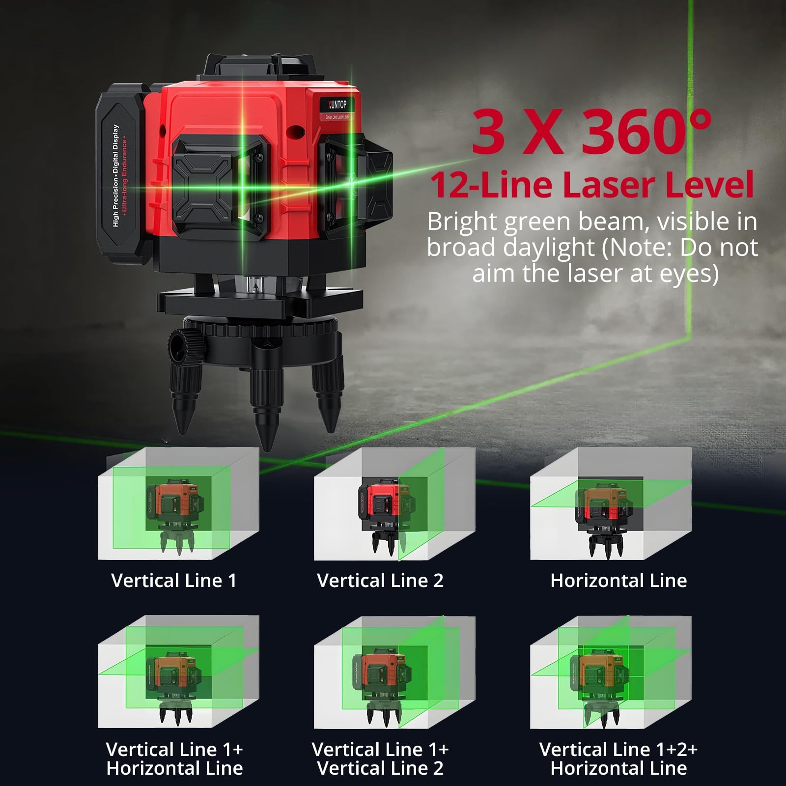 XUNTOP 12 Line Laser Level 30M/98Ft Self Leveling with Remote Red