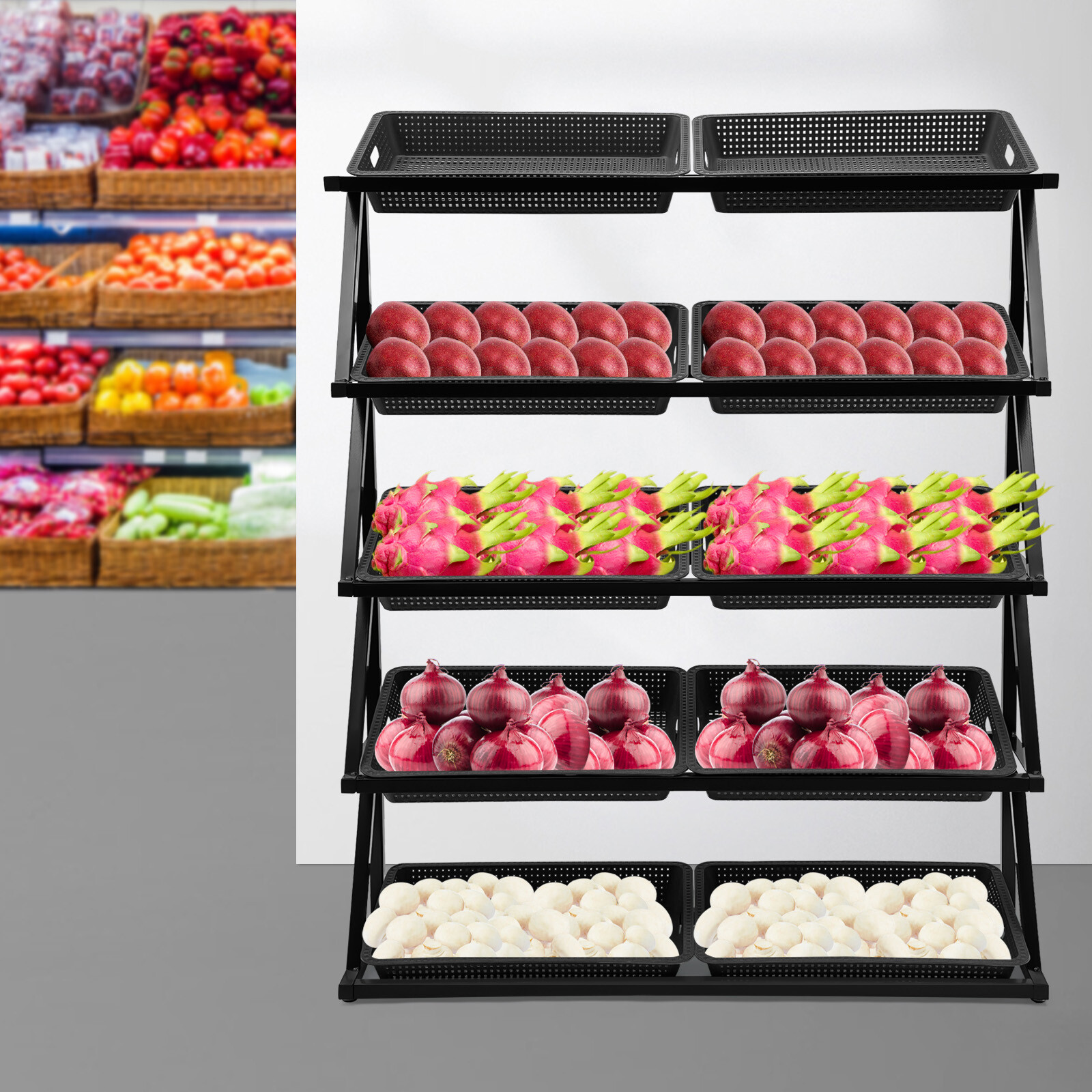 5-Tier Market Shelf With 10 Plastic Baskets Black Freestanding Produce Display