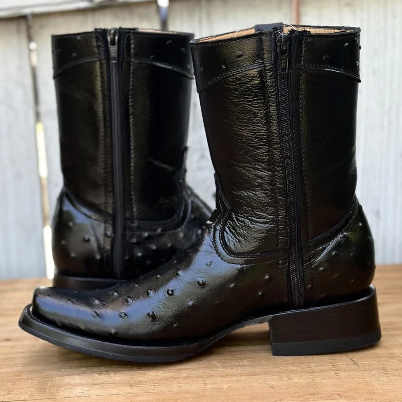 Genuine Leather Exotic Ostrich Print Dubai Ankle Western Boots with Zipper-Black