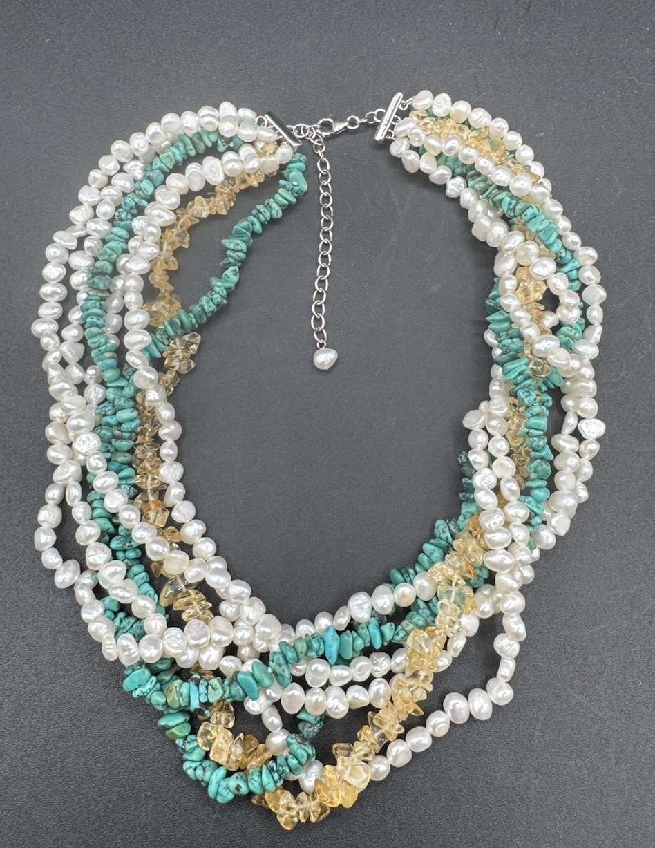 Turquoise Pearl Topaz Multi Strand .925 Clasp Sterling Silver Statement Necklace