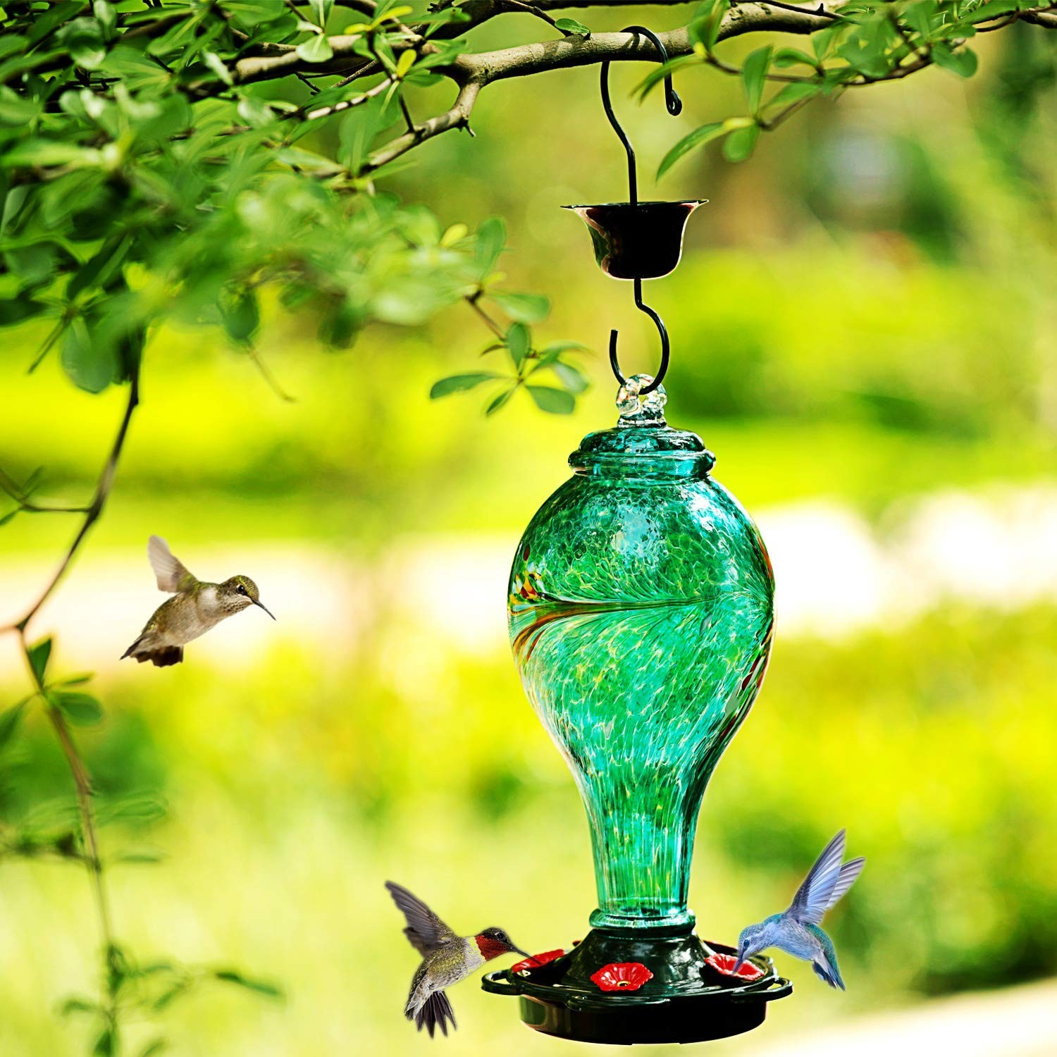 LUJII Hummingbird Feeder, Hand Blown Glass Large, Blue