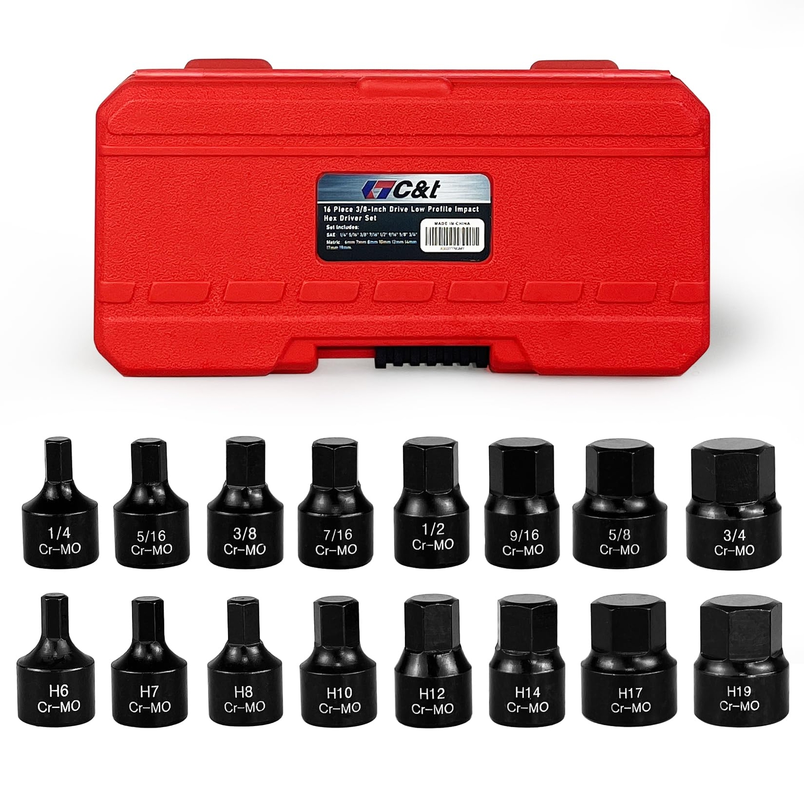 C&T 16-Piece Impact Hex Driver Set SAE/Metric 3/8-Inch Drive