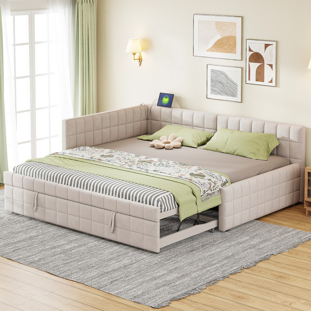 Full Size Upholstered L-Shaped Upholstered Daybed with Twin Size Pop Up Trundle