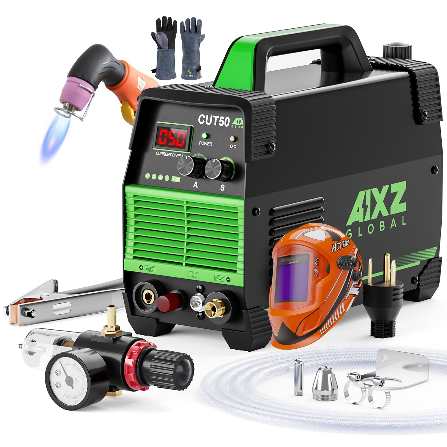 AIXZ 50Amp 110/230V Non-Touch HF Plasma Cutter IGBT with Welding Helmet & Gloves