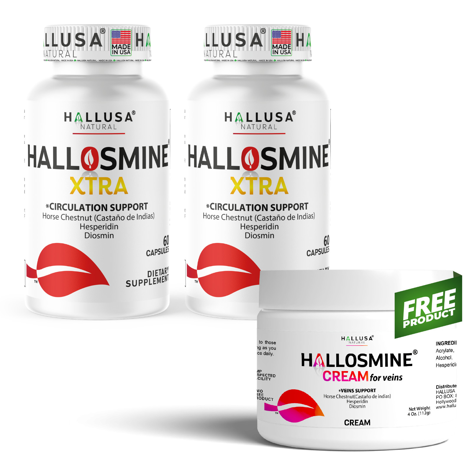 Hallosmine Xtra 850mg Diosmin Hesperidin Horse Chesnut 120 ct + FREE Leg Cream