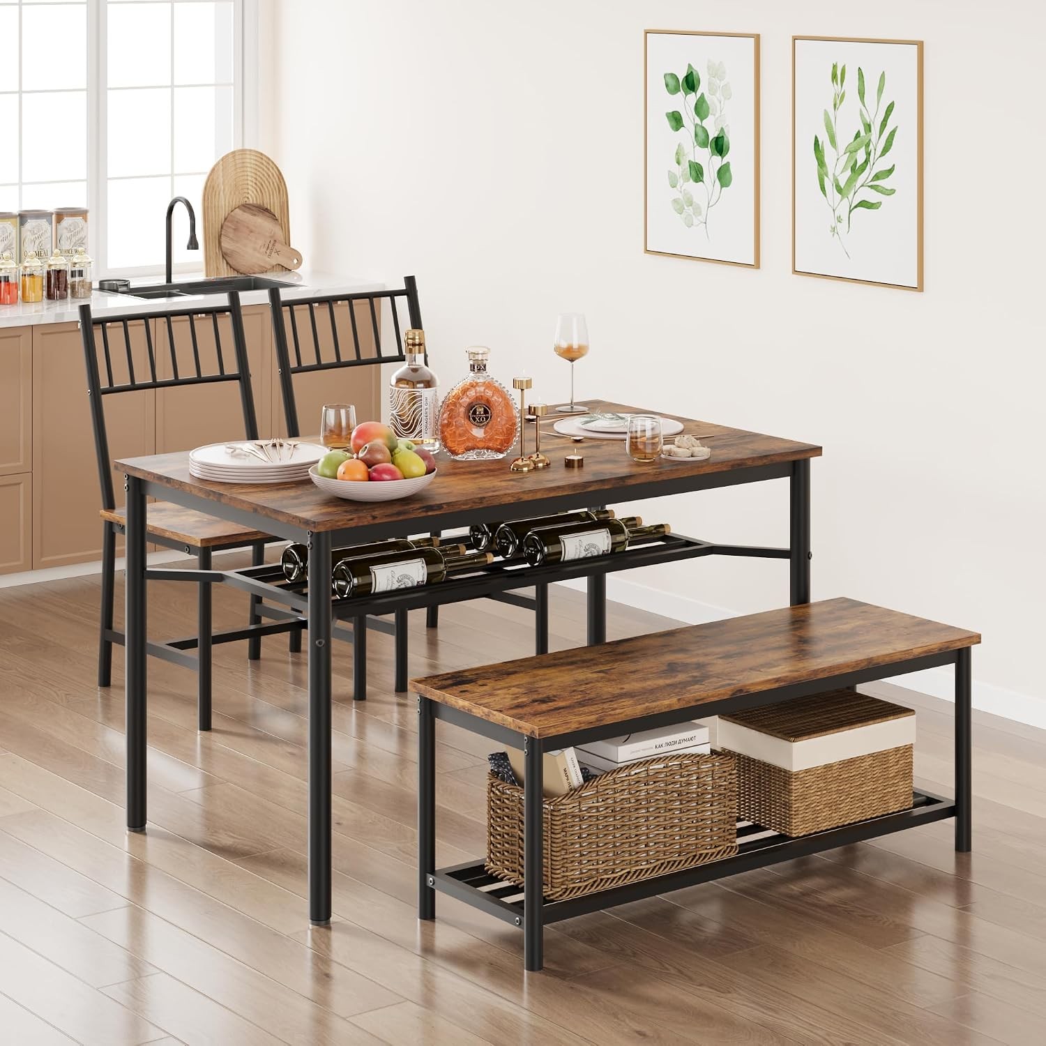 Dining Table Set 4 Kitchen Table & Chairs 4 W/ Wine Rack Rectangular Dining Room