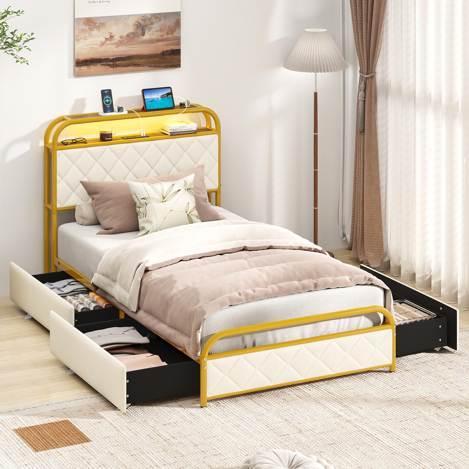 Twin Size Bed Frame w/ LED Lights Charging Station Gold Metal Platform Base