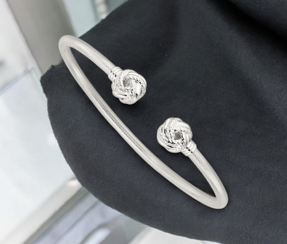 Sterling Silver Rhodium or Gold-plated Textured Love Knot Cuff Stackable Bangle