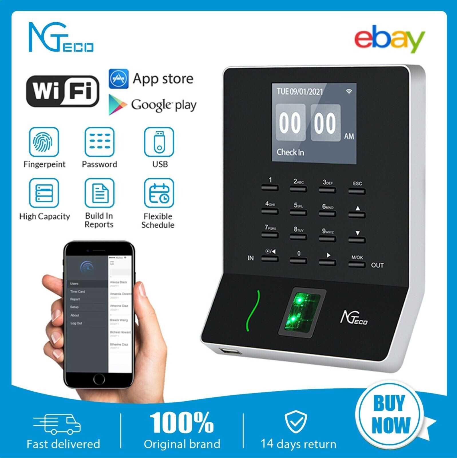 (OpenBox) NGTeco W2 Time Clock in and Out Machine Automatic For Employees