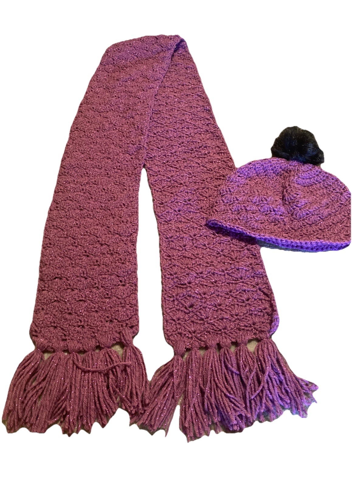 Hand Crocheted Hat And Scarf Set In Amethyst Sparkle Yarn