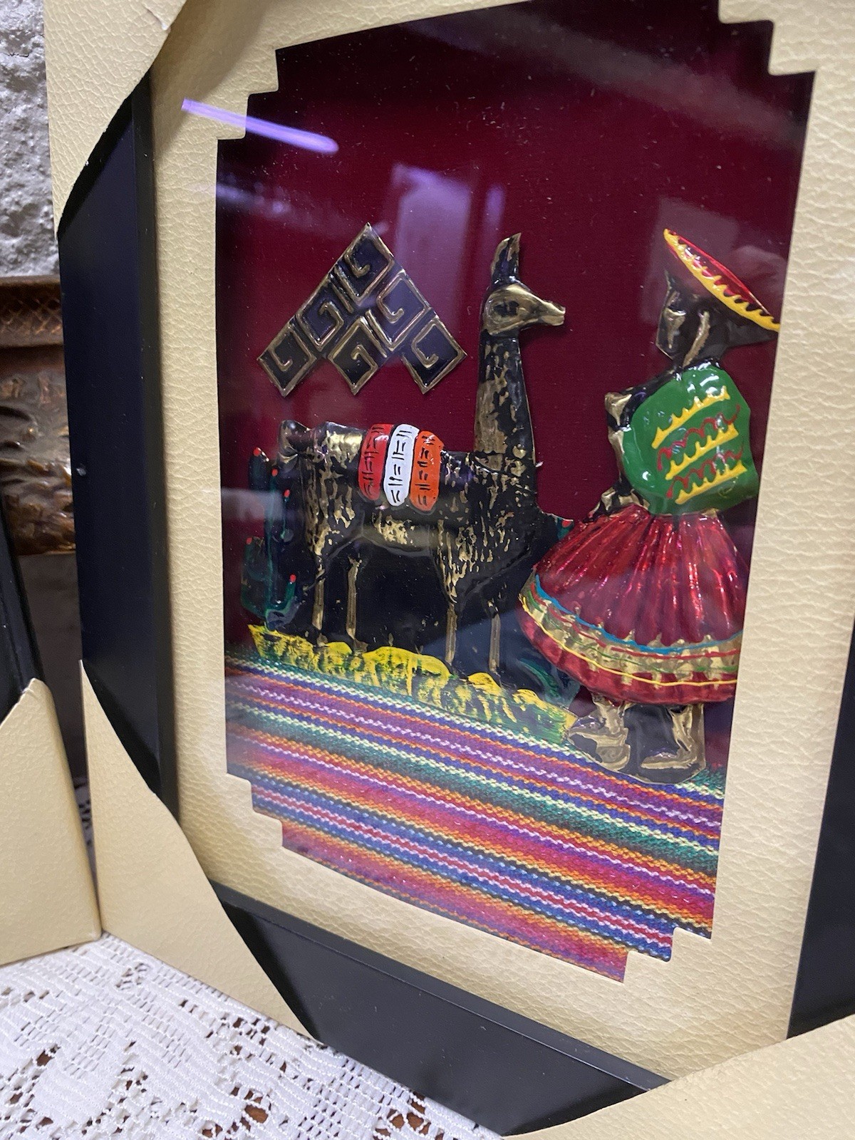 2 Peruvian Folk Art 3D Metal, Glass & Textile Llama Wall Art Plaques 10.5x8.5”