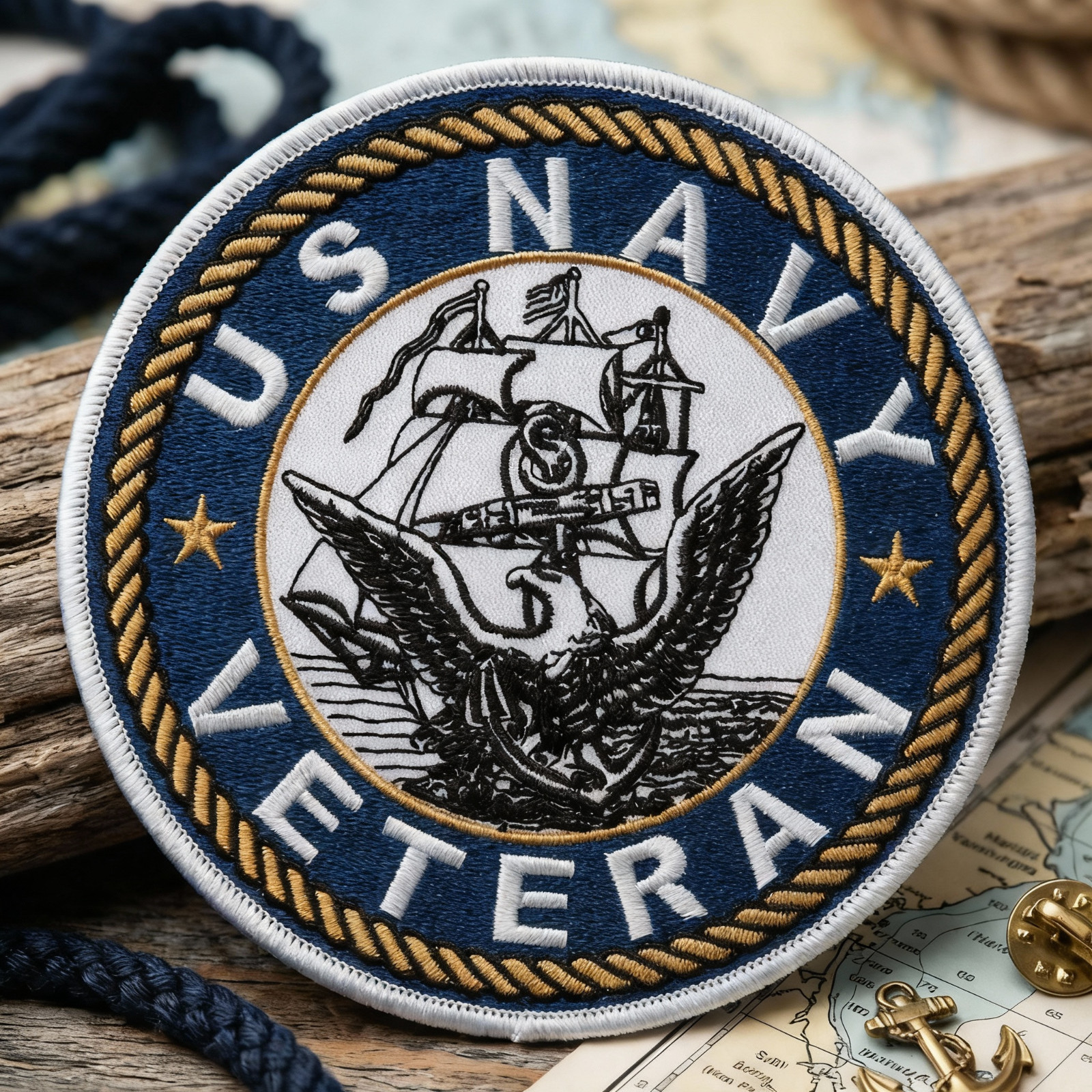 US Navy Veteran Embroidered Patch - 4 3/4" Diameter with Wax Backing - USN