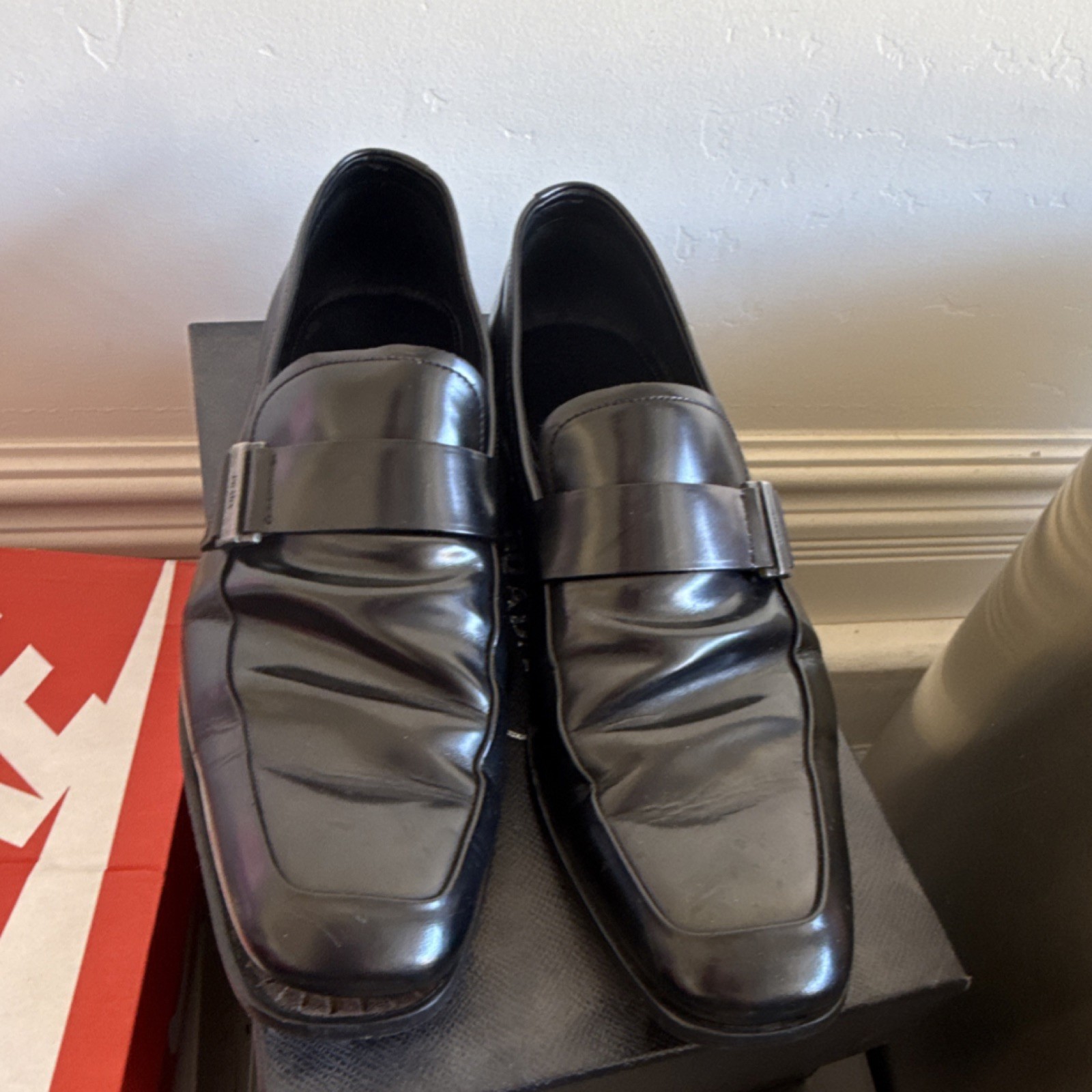 PRADA Men's Black Leather Buckle Loafer Square Toe Dress Shoes Size 10.5