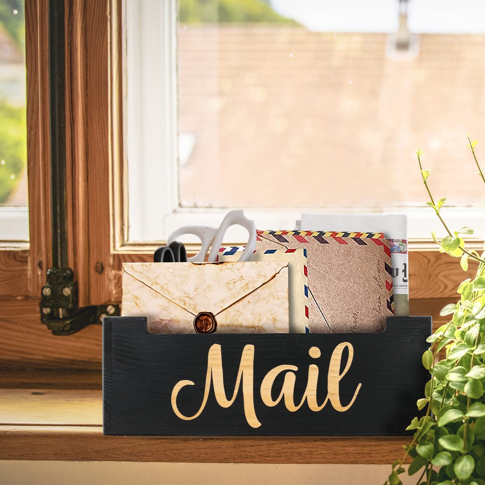 Mail Organizer Mail Holder Countertop, Rustic Wooden Mail Basket Mail Black