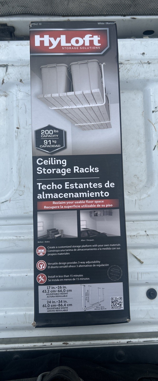 HyLoft Adjustable Ceiling Storage Rack 200 lb Garage Overhead Shelf White New
