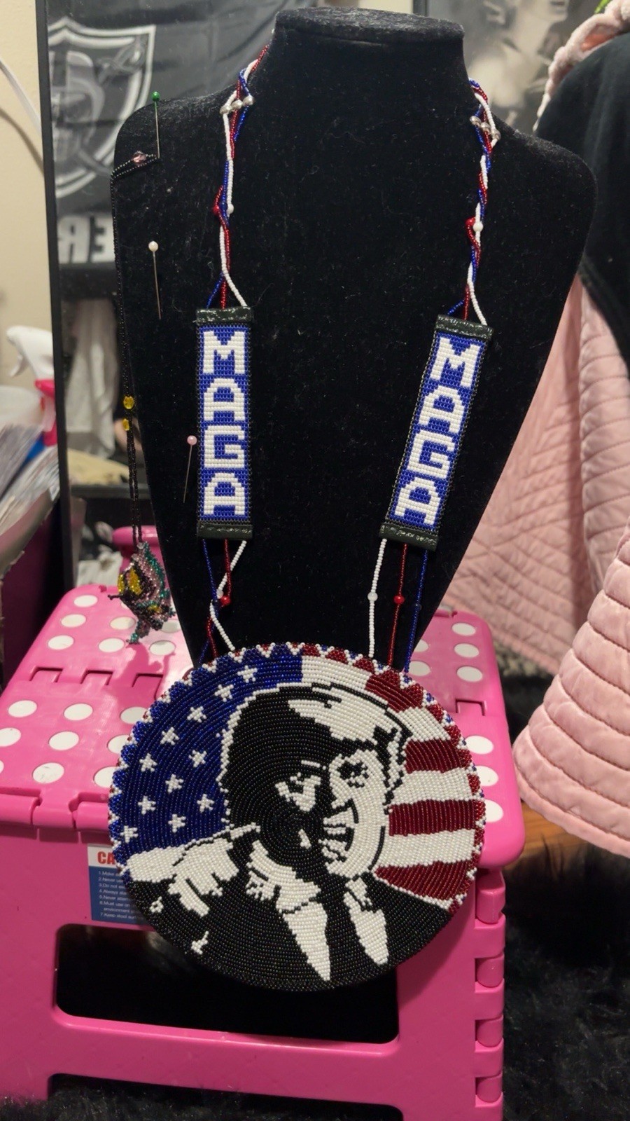 Handmade Trump Medallion With MAGA Beaded Chain and American Flag