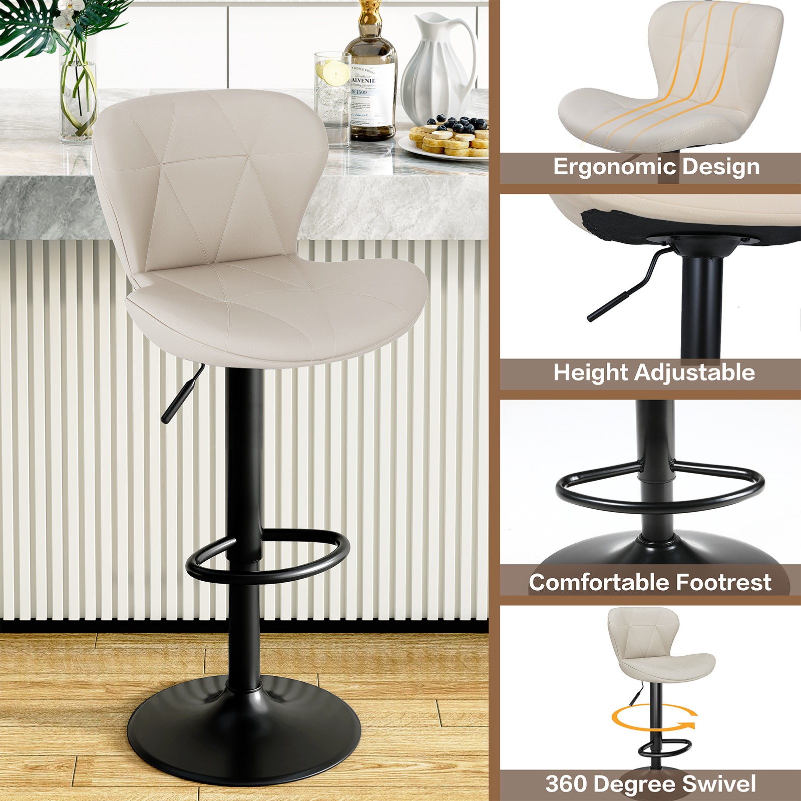 Bar Stools Set of 2/4 PU Leather Bar Stools Adjustable Swivel Kitchen stools